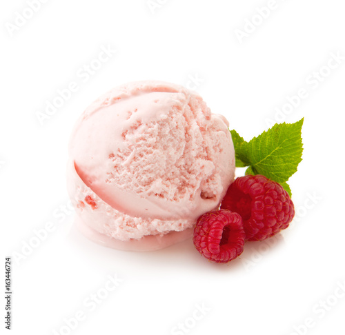 Ice cream with Raspberries on white background.