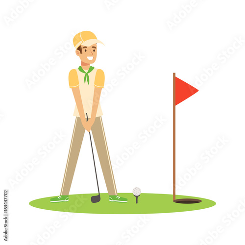 Smiling man golfer hitting the ball vector Illustration