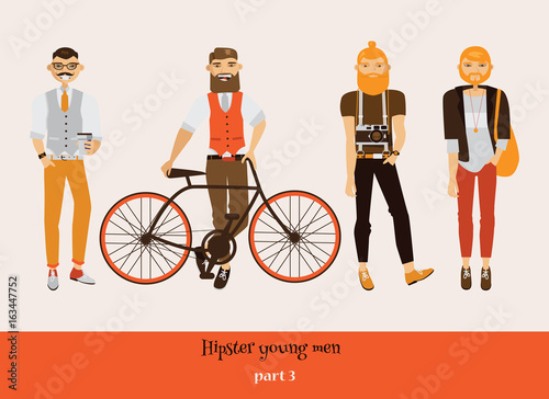 Set with hipster young man in different poses, with smiling faces, hairstyle and beard style. Full body male characters with bike, coffee mug, retro camera