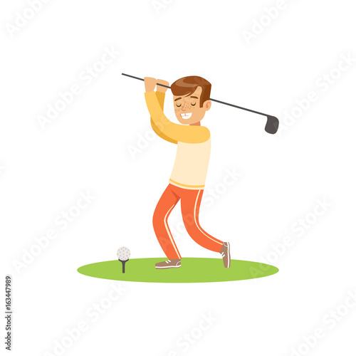 Smiling golf player hitting the ball vector Illustration