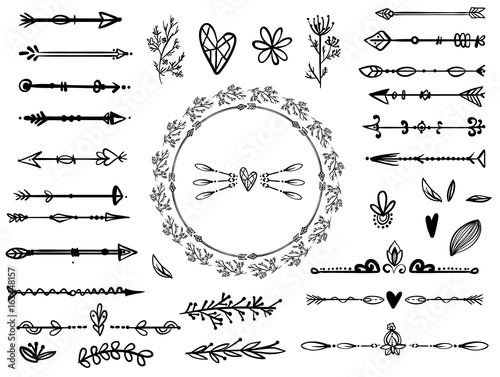 Set of creative boho style frames mady by ethnic feathers arrows and floral elements with space