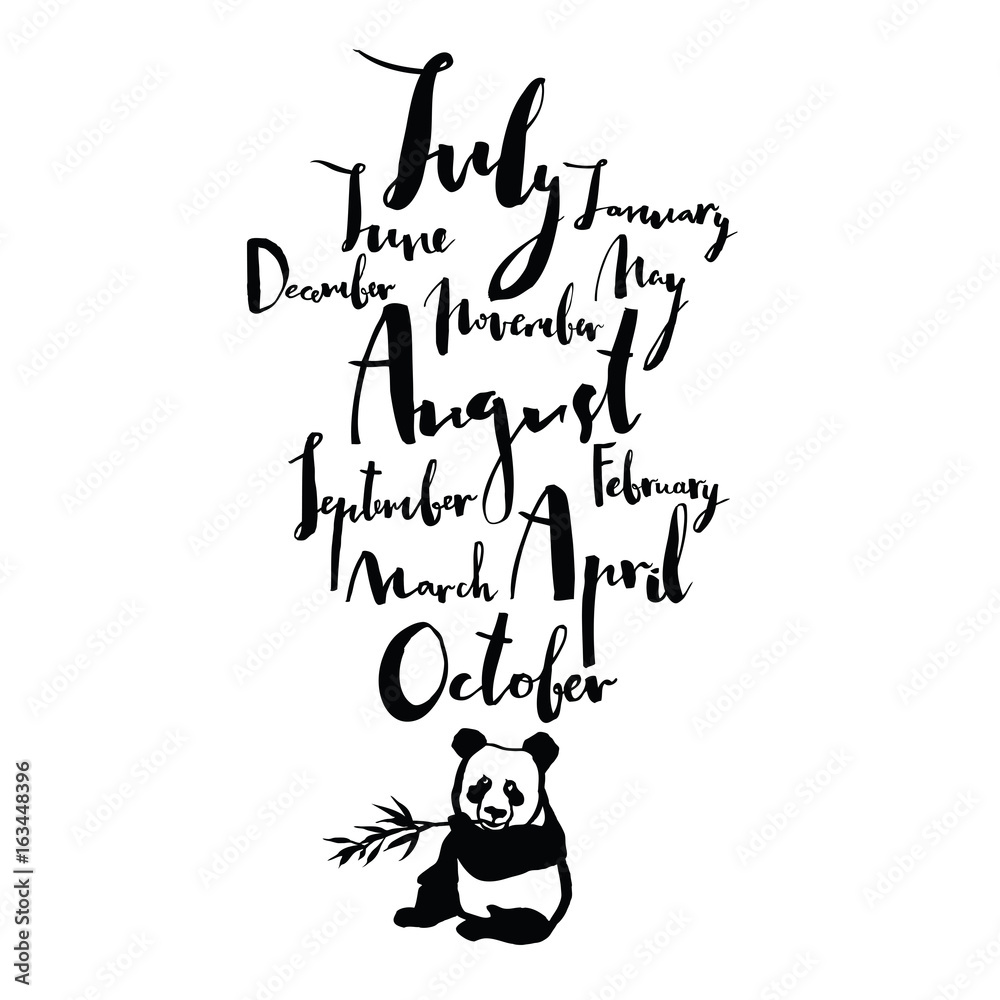 Panda font Handwritten calligraphy Months of year Black color Panda font Handwritten calligraphy Months of year Black color