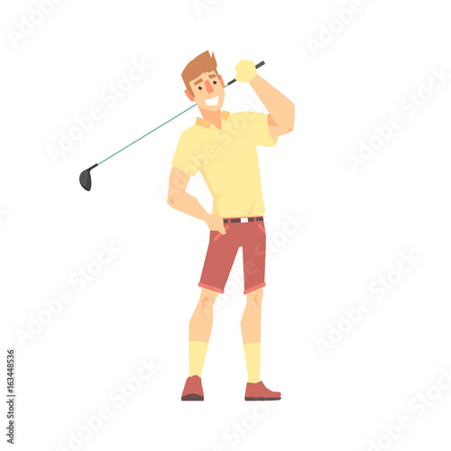 Smiling cartoon golf palyer character standing with golf club vector Illustration