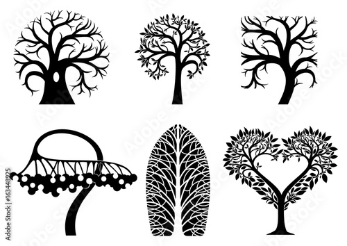 A set of artistic symbols of trees of different shapes. Vector graphics. Templates for icons or logos