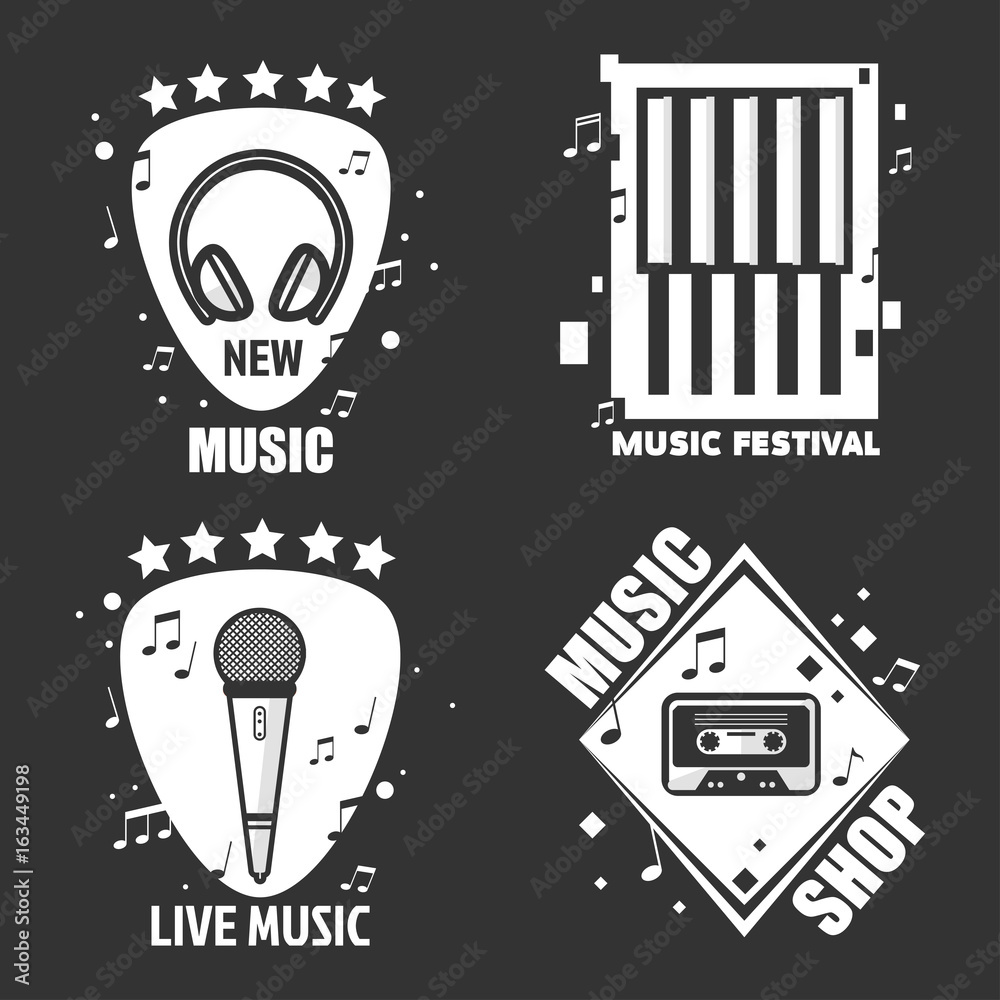 Music vector labels headphones, microphone for recording company festival