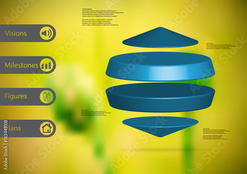 3D illustration infographic template with two cylinders between two cones horizontally arranged