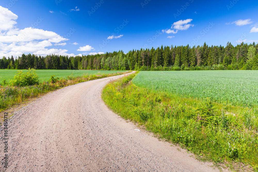 Turning empty rural road under blue sky