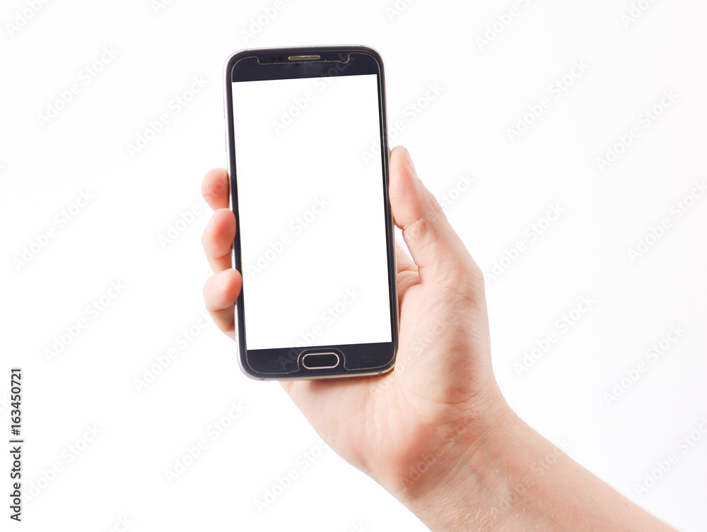Hand holding smart phone on white background Hand holding smart phone on white background
