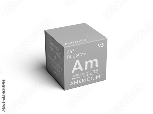 Americium. Actinoids. Chemical Element of Mendeleev's Periodic Table. Americium in square cube creative concept. photo