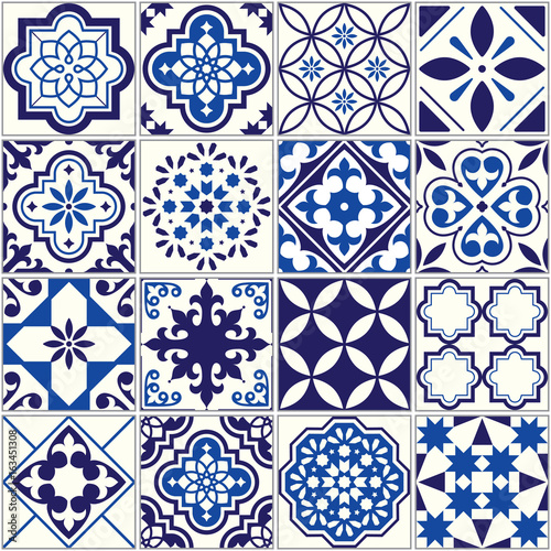 Vector tile pattern, Lisbon floral mosaic, Mediterranean seamless navy blue ornament