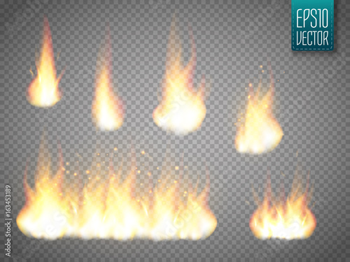 Fire flames isolated on transparent background. Vector realistic special effect