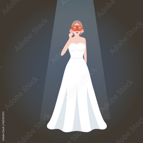 girl holding mask masquerade party wearing white dress in the night