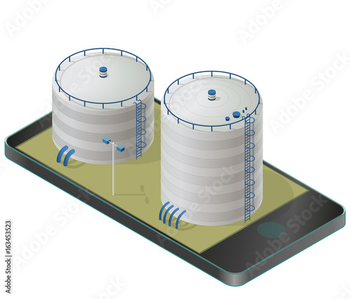 Big water reservoir in mobile phone. White water supply resource. Pictogram industrial chemistry cleaner set with blue details. Water reservoir isometric building info graphic. Isolated vector icon.