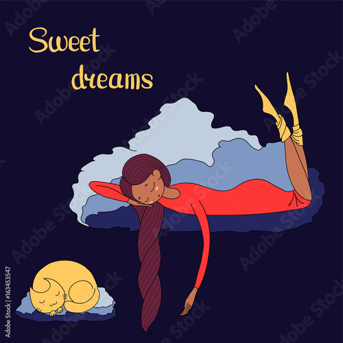 Hand drawn vector illustration of a sleeping dark skinned girl and cat floating on the clouds, with text Sweet dreams.