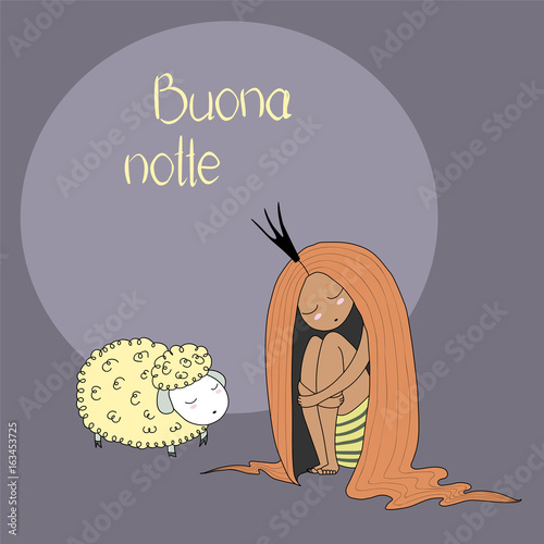 Hand drawn vector illustration of sleeping dark skinned princess with long hair and sheep, with Italian text Buona notte (Good night).