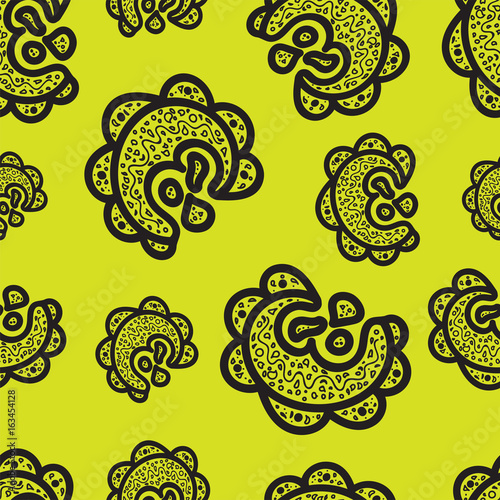 Seamless pattern. Black doodle elements on yellow green background. Ornaments for web, wrapping paper, print, fabric, textile design. Vector illustration. Bright texture. Abstract backdrop.Aztec style
