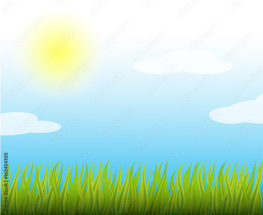 Summer sunny vector illustration. Blue sky and light clouds. Natural background with bright sun and green grass. 