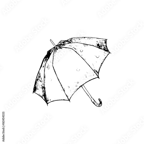 Opened umbrella sketch. Vector hand drawn illustration. Black element isolated on white background.