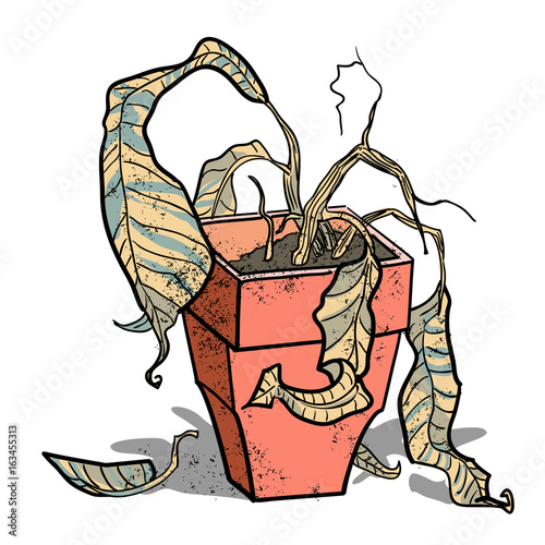 Cartoon image of dead houseplant. An artistic freehand picture.