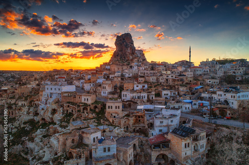 Aerial view of Uchisar castle in the sunset. Cappadocia. Nevsehir Province. Turkey