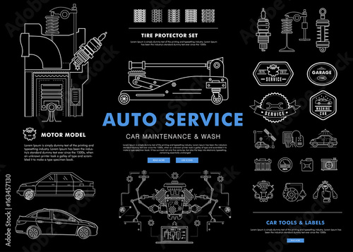 Auto service contour line composition. Technology operations. Diagnostics machine centre. Mechanic worker on station. Awesome big set thin style. Automobile pictogram and icons elements for web. © wvihr
