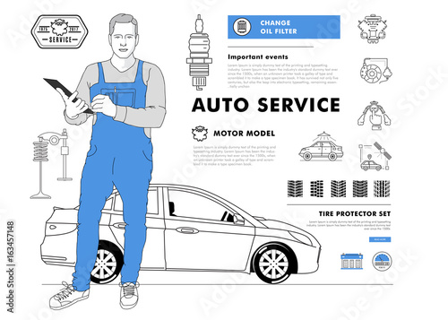 Auto service contour line composition. Technology operations. Diagnostics machine centre. Mechanic worker on station. Awesome big set thin style. Automobile pictogram and icons elements for web.