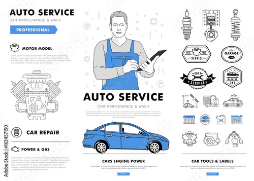 Auto service contour line composition. Technology operations. Diagnostics machine centre. Mechanic worker on station. Awesome big set thin style. Automobile pictogram and icons elements for web.