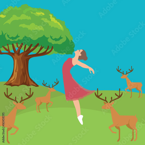 woman girl fresh jumping freedom in forest fresh air wild life deer