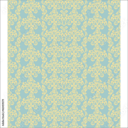 Seamless turquoise background with yellow pattern in baroque style. Vector retro illustration. Ideal for printing on fabric or paper.