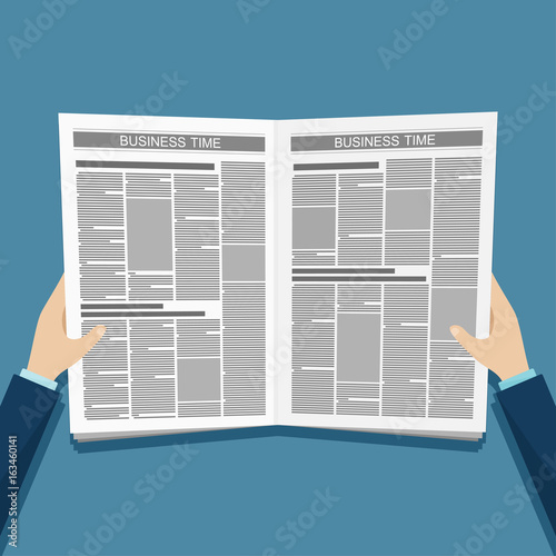 Business news newspaper in hands. Vector illustration.