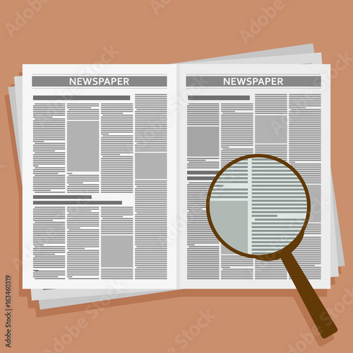Open newspaper with loupe. Vector flat illustration.