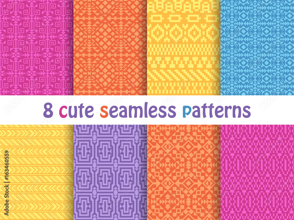 Set of cute bright seamless patterns. Abstract geometric background. Vector illustration. Set of cute bright seamless patterns. Abstract geometric background. Vector illustration.