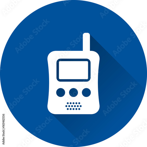 Baby monitor icon. Vector. White radio on blue background. Baby shower simple symbol in flat design with long shadow.  
