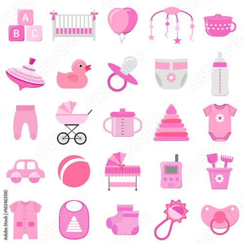 Baby girl icons set. Vector. Baby shower pink symbols isolated on white background. Collection template elements for newborn kids in flat design. Colorful illustration.