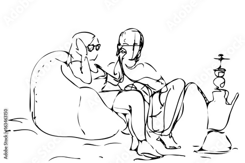 couple on the couch and hookah near