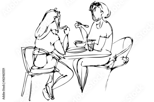  vector sketch two girls eat in a cafe