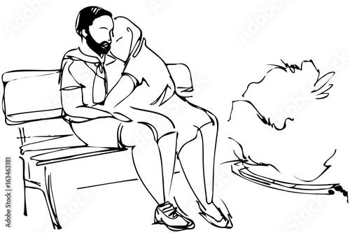  vector sketch of a loving couple on a park bench