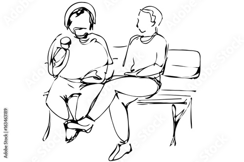vector sketch two men sit on a park bench