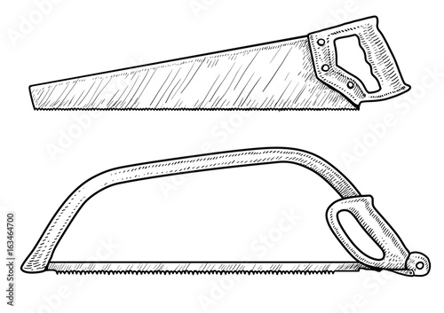 Saw illustration, drawing, engraving, ink, line art, vector