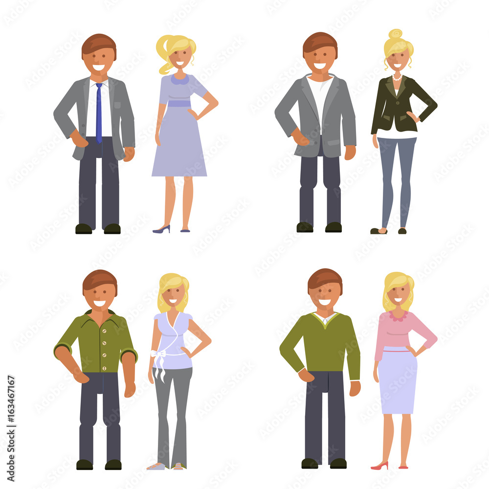 Business dress code. Man and woman in smart casual style suits isolated on white background. Vector illustration of people in formal clothes.