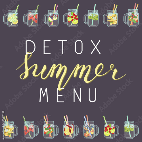 Vector illustration of Detox water with Fruits, vegetables or berries. Handmade lettering Isolated for diet menu, cafe and restaurant menu. Fresh smoothies, fruit cocktail for healthy life. photo