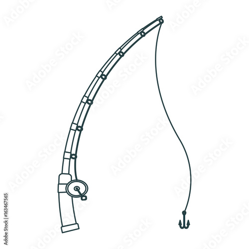 monochrome contour of fishing rod with nylon reel in movement vector illustration