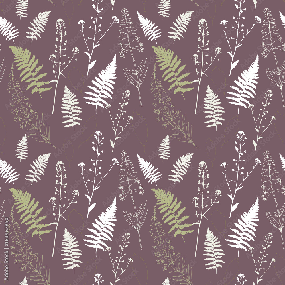 Floral vector seamless pattern with fern leaves, shepherd's purse plant and fireweed flowers.