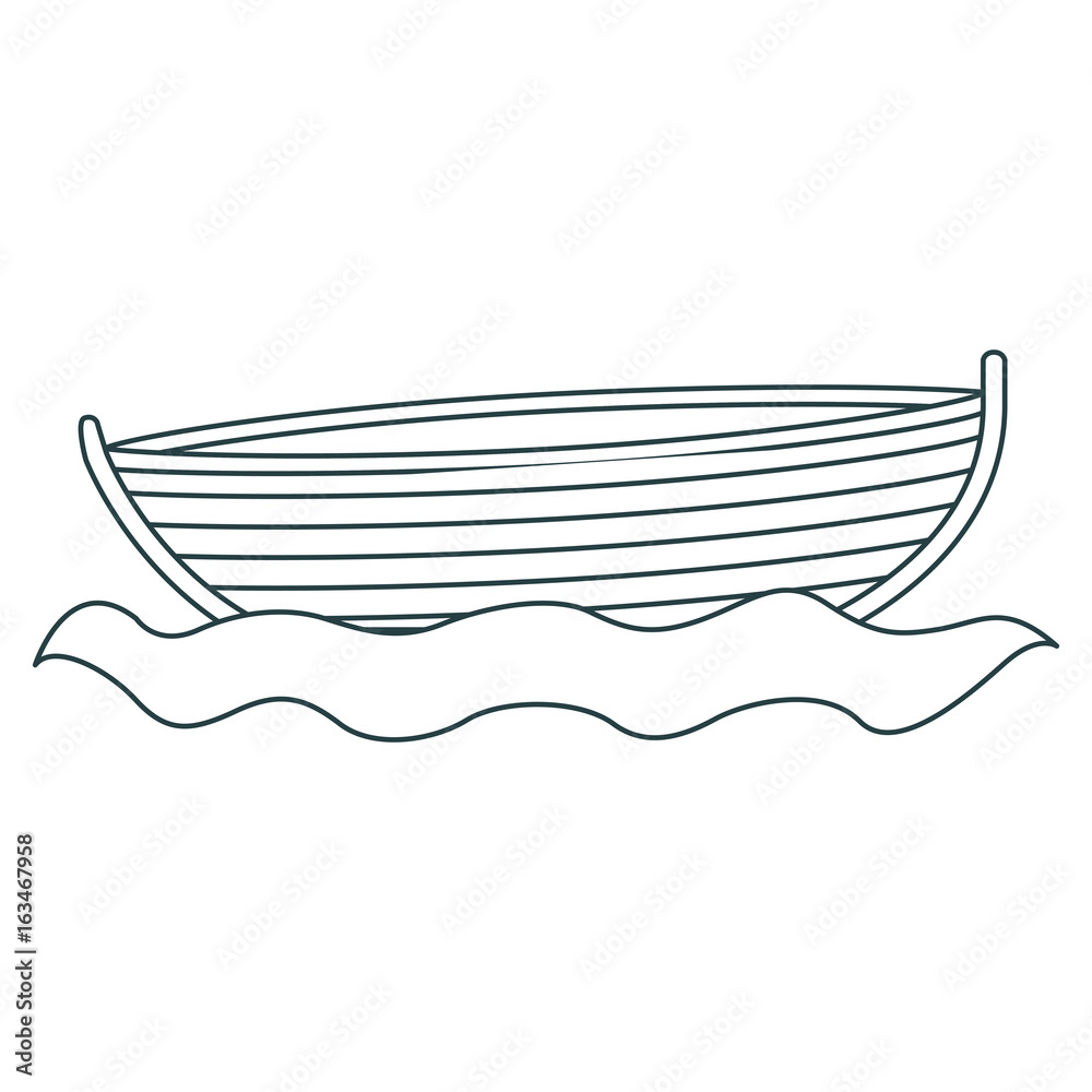 monochrome contour of wooden fishing boat in water vector illustration - obrazy, fototapety, plakaty 