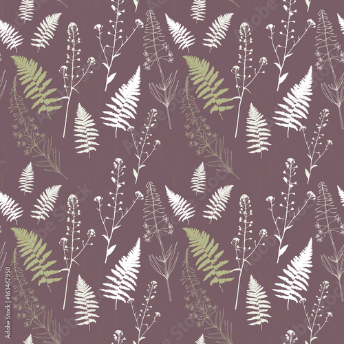 Floral vector seamless pattern with fern leaves, shepherd's purse plant and f...