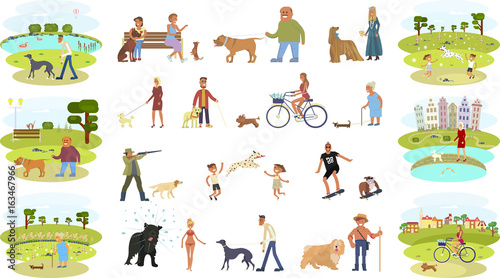 People walking with different breeds of dogs set. Isolated on white background vector illustration eps 10 
