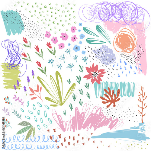 Set of scribble vector textures and doodle floral elements.
