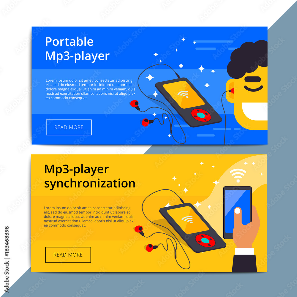 Vecteur Stock Mp3 player promo web banner ad. Portable smart audio  equipment promotion advertisement layout. Mobile device with wireless  technology. IOT appliance background. | Adobe Stock