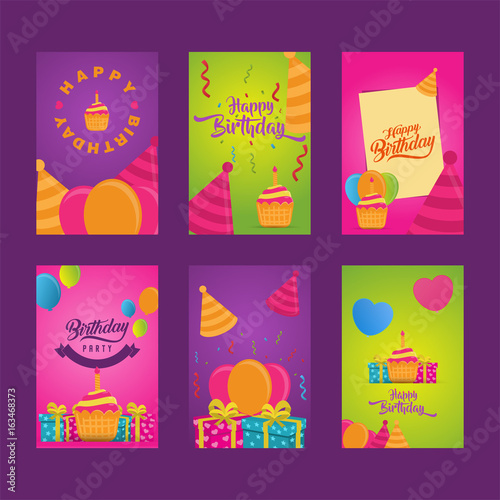 Invitation cards to the party. Banners with cake, balloons, gifts. Happy Birthday Set Collection greeting templates