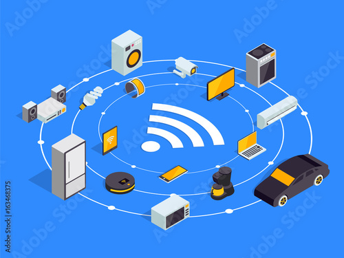 Internet of things layout. IOT online synchronization and connection via smartphone wireless technology. Smart home concept with isometric icons of home appliances.